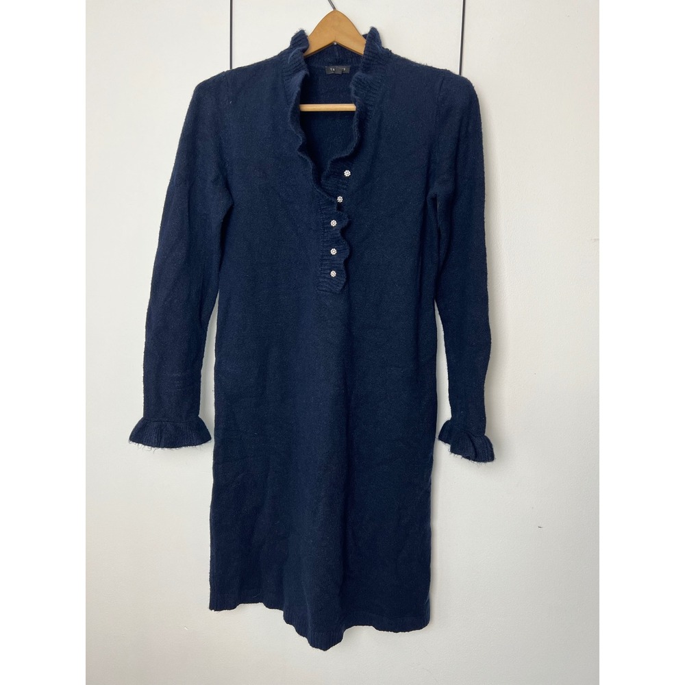 Talbots Navy Blue Ruffle Neck Long Sleeve Sweater Dress Floral Button XS